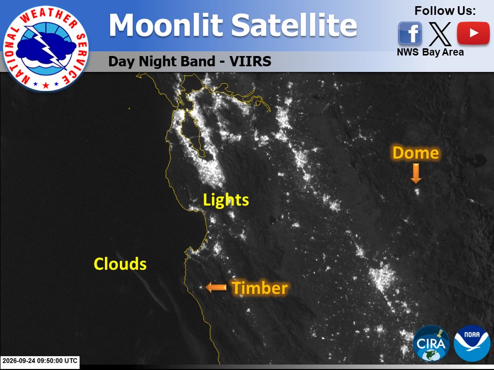 NWSBayArea's tweet photo. Hello Night 🦉 - Tonight's nearly full Harvest Moon is lighting up our satellite! 🌕 You can see offshore clouds, city lights, plus the recent flare-up at the Timber Fire &amp; the ongoing Dome Fire.  #CAwx https://t.co/ESidMggD1m