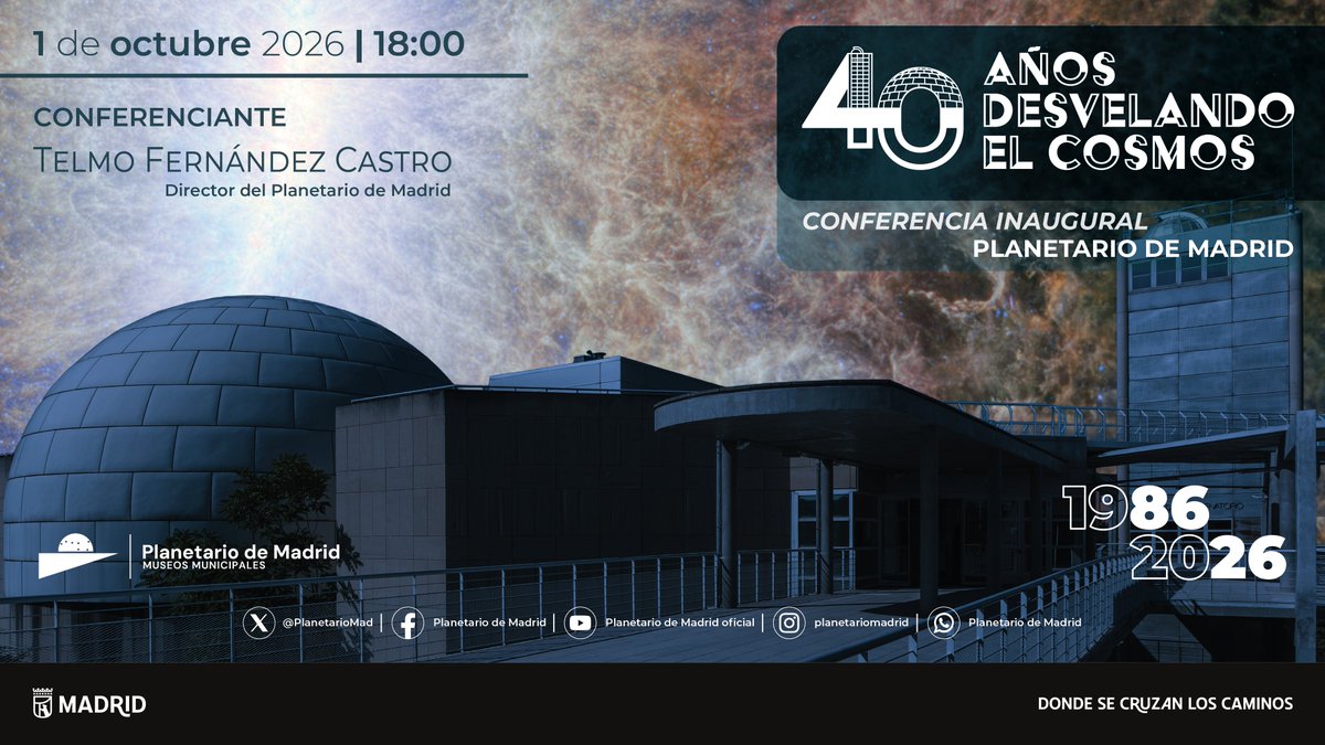 PlanetarioMad's tweet photo. Conferencia inaugural del ciclo 40 años desvelando el Cosmos
📆Jueves 1 de octubre
🕕18:00
📍Sala de proyección del Planetario de Madrid
🎙️Telmo Fernández Castro
🆓Gratuita, previa invitación 👇
https://t.co/Pra3Kzv896 https://t.co/vosoYKQXJg