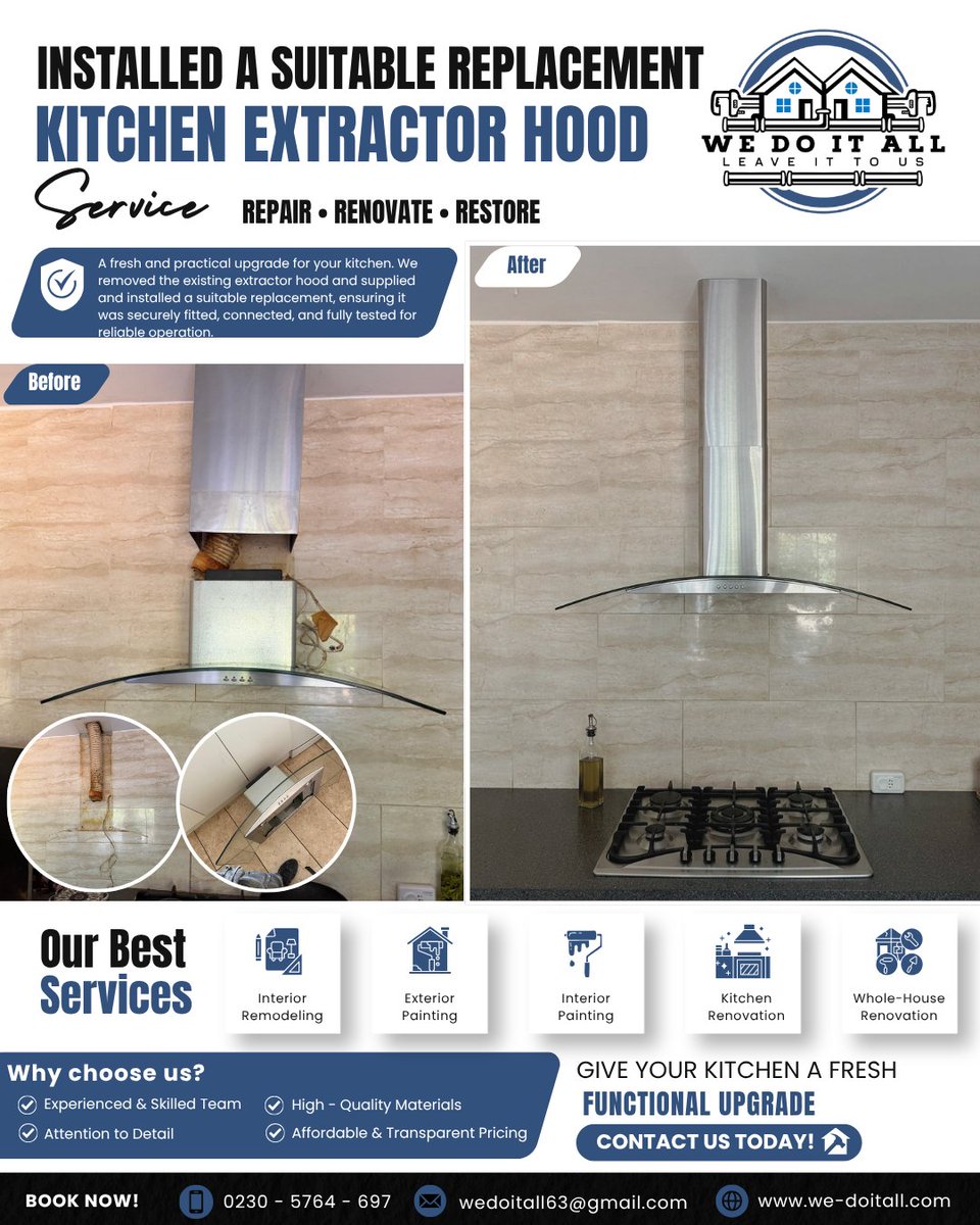 wedoitall63's tweet photo. ⭐  Kitchen Extractor Hood Replacement | Before &amp; After ✨
#KitchenUpgrade #ExtractorHood #KitchenRenovation #BeforeAndAfter #KitchenInstallation #HomeImprovement #ProfessionalInstallation #PropertyMaintenance #QualityWorkmanship #WeDoItAll #HomeRenovation #KitchenTransformation https://t.co/4nlUaBO9KY