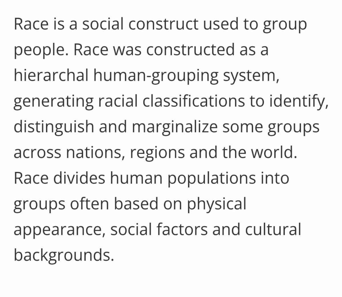 OhGee1998's tweet photo. @DessalinesZ0ZZ @spaceexplore23 I don't argue with opinions. Just facts.

Race is a social construct because it based on arbitrary and subjective rules that vary between cultures. Ethnicity, while it is partly a social construct, is more aligned with traceable shared roots. https://t.co/PCHRZYjpvw
