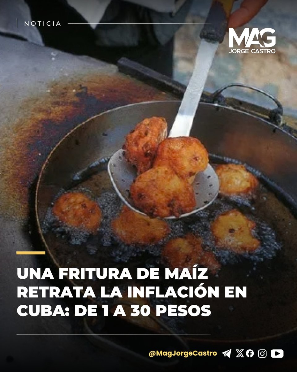MagJorgeCastro's tweet photo. Una fritura de maíz resume la inflación en #Cuba.

El médico Daniel Del Toro recordó que antes costaba entre uno y dos pesos y hoy llega a 30. 

Mientras tanto, su salario pasó de unos 1.400 a 8.400 pesos.

“Las frituras multiplicaron su precio por 30 y mi salario por 6”. https://t.co/3I8GNHFS4U
