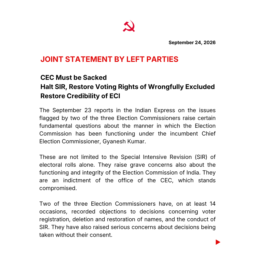 cpimspeak's tweet photo. Joint Left Statement on #GyaneshKumar, #ECI and #SIR https://t.co/Dw33CT6X9G