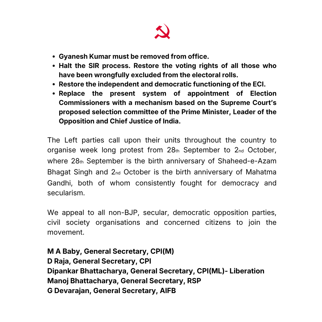 cpimspeak's tweet photo. Joint Left Statement on #GyaneshKumar, #ECI and #SIR https://t.co/Dw33CT6X9G
