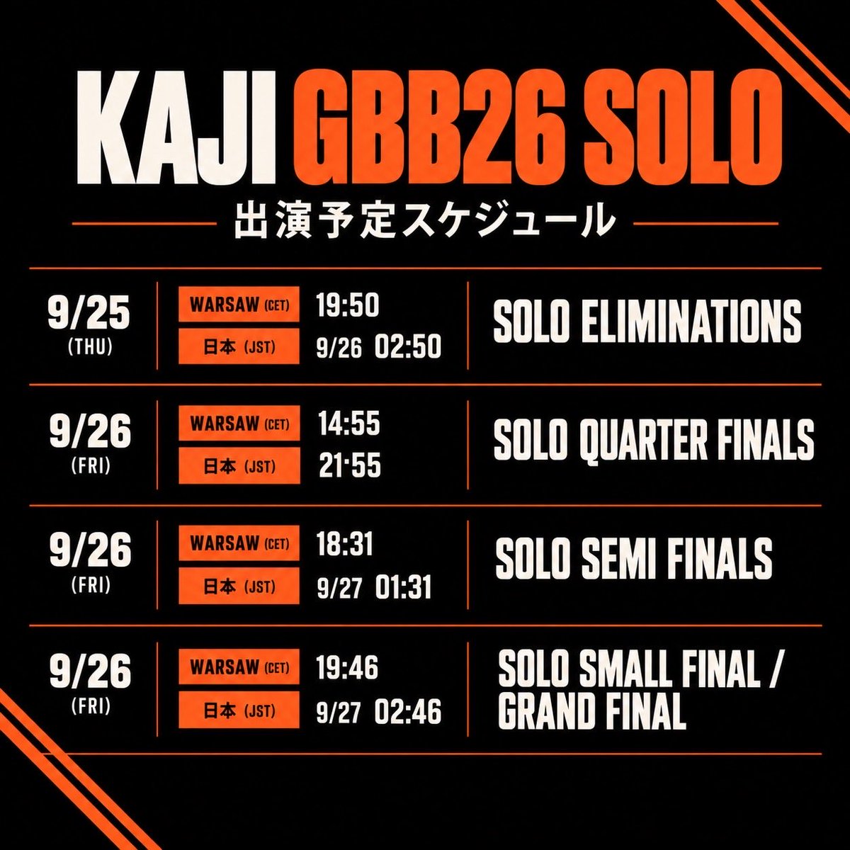 SarukaniBeatbox's tweet photo. 🟠GBB 2026 KAJI 出演予定スケジュール

KAJI 出場カテゴリー
「Grand Beatbox Battle 2026」ソロ部門

📅 9/26
日本時間 AM2:50〜
SOLO ELIMINATION

日本時間 21:55〜
SOLO QUARTER FINALS

📅 9/27
日本時間 AM1:31〜
SOLO SEMI FINALS

日本時間 2:46〜
SOLO SMALL FINAL / GRAND FINAL

※現地進行状況により、出演時間が前後する場合があります。
#SARUKANI #KAJI #GBB2026