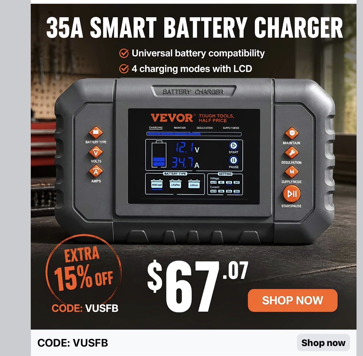 CaptVickyM's tweet photo. @vevortools i’ve purchased two of your chargers. I’m very happy with them. I saw this ad. I went to purchase it and the discount does not apply at checkout. Is this just a leader scam? https://t.co/wtF5RIsHNW