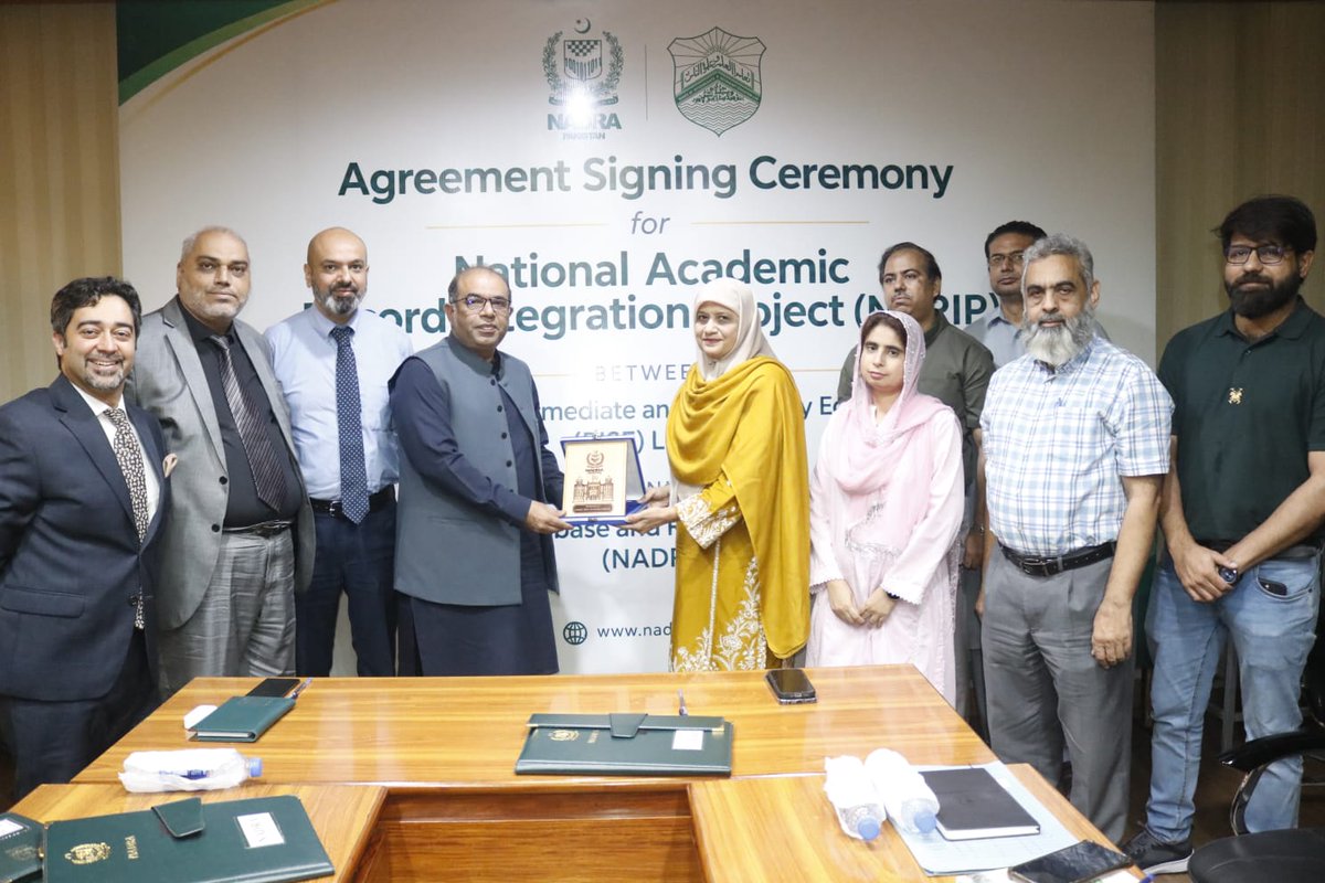 NadraPak's tweet photo. NADRA and the Board of Intermediate &amp; Secondary Education Lahore have signed an agreement to link student registration for Matric &amp; Intermediate exams with NADRA’s national identity records. The secure data exchange will help reduce errors and improve record accuracy. https://t.co/4usnmRm8G8