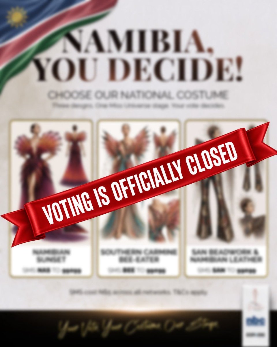 missnamibia2026's tweet photo. MISS NAMIBIA NATIONAL COSTUME VOTING IS OFFICIALLY CLOSED! 

Thank you, Namibia, for making your voice count and showing your support for your favourite National Costume Design. 

Stay tuned! 🇳🇦✨

#missunivversenamibia2026 #charenelabuschagne #nationalcostume #75thmissuniverse https://t.co/TXNjDkCRWu