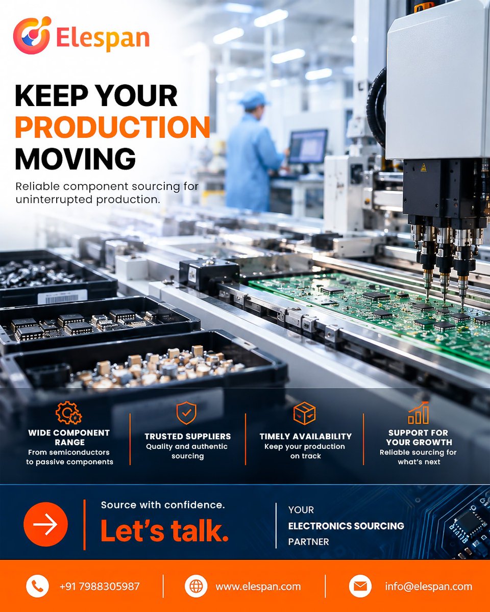 elespan_1's tweet photo. ⚙️ Keep Your Production Moving with reliable electronics component sourcing. Quality components, timely availability, trusted support.

🌐 https://t.co/YmHOnvuHRN

#ElectronicsSourcing #ElectronicComponents #Elespan https://t.co/FiHrAwY1EA