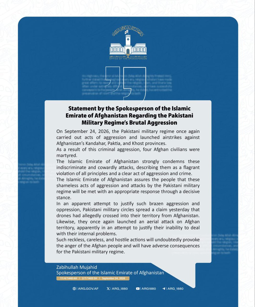 MMHamedifq6's tweet photo. Statement by the Spokesperson of the Islamic Emirate of Afghanistan Regarding the Pakistani Military Regime’s Brutal Aggression https://t.co/2kkr4rZt15