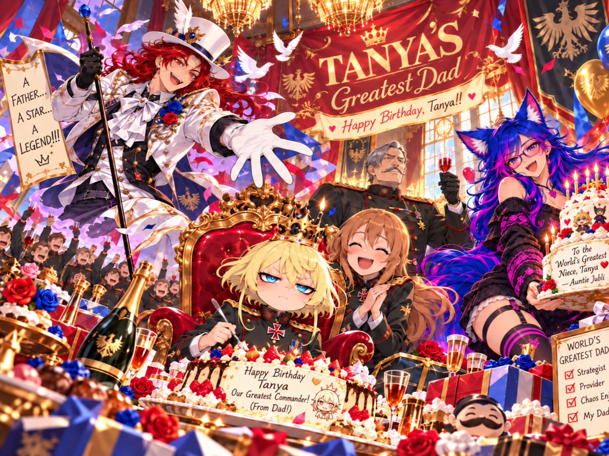 ren_ryuga_scp's tweet photo. Happy birthday to Tanya from step dad aka me and aunt @ItsJublifox 

#幼女戦記 #YoujoSenki #ターニャ生誕記念二回目 #ターニャ・デグレチャフ生誕祭2026 #TanyaDegurechaff #RenRyuga #AIArt #AnimeArt #HazbinHotel https://t.co/UwC4iWCBRR