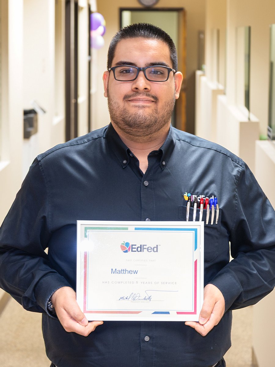 EdFedCU's tweet photo. Celebrating 5 years with Matthew! The Digital Banking Specialist is a Miami native &amp; former Coral Reef student volunteer. He loves learning something new every day. Matthew loves Star Wars, video games, Legos, puzzles, collecting currency, and hanging out with his dachshund, Rex. https://t.co/hKFDJimrRy