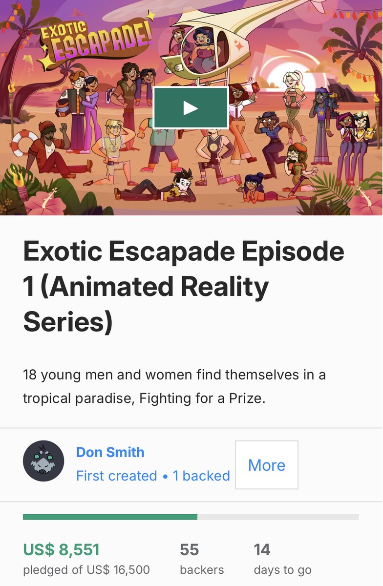 ExoticEscapade's tweet photo. WE’VE GOT 2 WEEKS TO REACH OUR GOAL! 💫

The #ExoticEscapade Kickstarter is just over 50% funded! Help us out! Donate today and grab yourselves some exclusive goodies and perks 🛍️🍊☕️

🔗 https://t.co/aHM466pJ8s

#eetwt #indieanimation #kickstarter #tdtwt #totaldrama https://t.co/rWi5Kq07mA