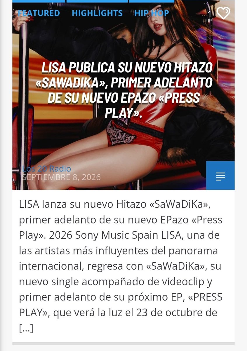 Los20Radio's tweet photo. 🗞 LISA (@wearelloud ) publica su nuevo Hitazo «SaWaDiKa», primer adelanto de su nuevo EPazo «Press Play». (@SonyMusicSpain ) – Vía @Los20Radio ℹ️👇
🔗https://t.co/A8PUVw37wA
#Recomendado #LISA #SaWaDiKa  #LISA_SaWaDiKa​ #PRESSPLAY #Los20Estelares #Los20Radio https://t.co/36qBiocyBt