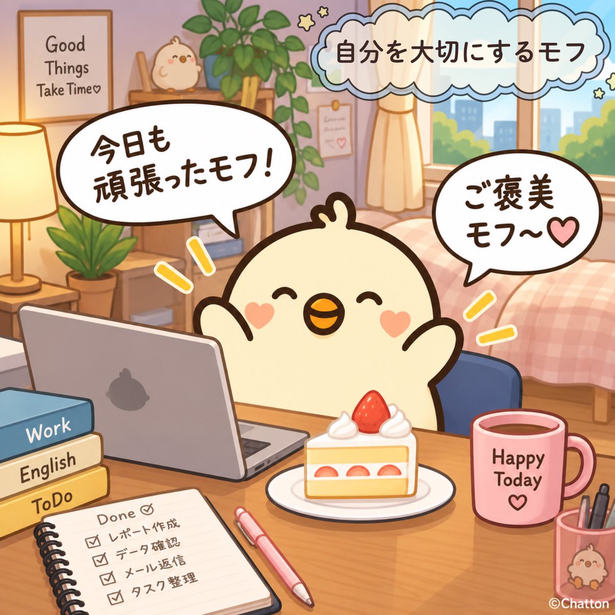 chatton_mofu's tweet photo. 自分を大切にするモフ💛
 #ちゃっとん #自愛 https://t.co/COk6mI0jAC