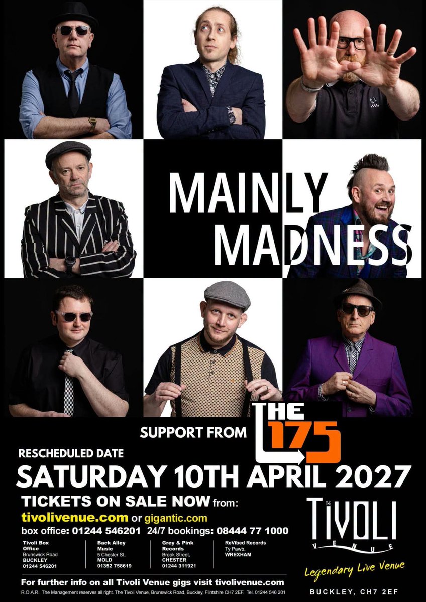 Tivoli_Venue's tweet photo. 🚨 SHOW RESCHEDULED 🚨

Unfortunately, due to illness within the band, Mainly Madness scheduled for Saturday 26th Sept 2026, will now take place on:

📅 SATURDAY 10TH APRIL 2027

🎟️ ALL TICKETS REMAIN VALID for the new date — so please hold on to your tickets. https://t.co/nDG6vG23PI