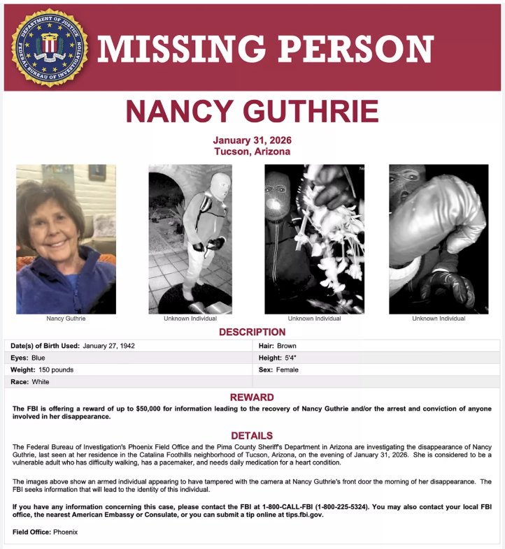 WeatherJunkie28's tweet photo. Where is Nancy Guthrie?.💛

$1.2 million dollar reward available. 

📞 Call 1-800-CALL-FBI https://t.co/sC2YKvksnQ