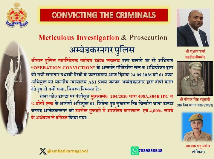 ambedkarnagrpol's tweet photo. श्रीमान पुलिस महानिदेशक महोदय उ0प्र0 लखनऊ द्वारा चलाये जा रहे अभियान “OPERATION CONVICTION” के अन्तर्गत मॉनिटरिंग सेल व अभियोजन द्वारा की गयी लगातार प्रभावी पैरवी के फलस्वरूप आज दिनांक 24.09.2026 को 01 नफर अभियुक्त को माननीय न्यायालय ASJ प्रथम जनपद अम्बेडकरनगर द्वारा दोषी करार देते हुए दी गयी सजा।
@prachiIPS