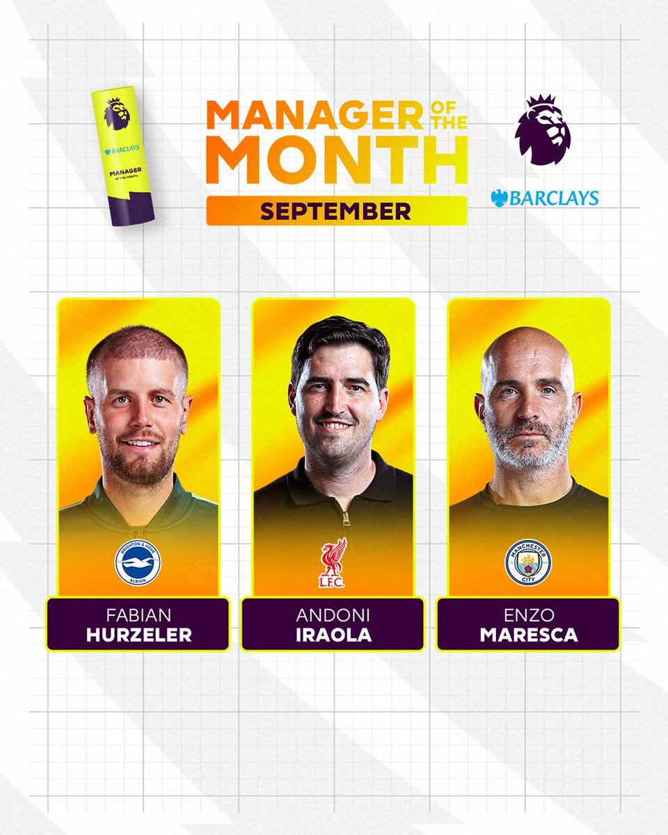 premierleague's tweet photo. Leading from the touchline 👔

Vote for September's @Barclays Manager of the Month 🗳️ 

🔗 https://t.co/1lMT97Eudh https://t.co/xCxZf5JkgW