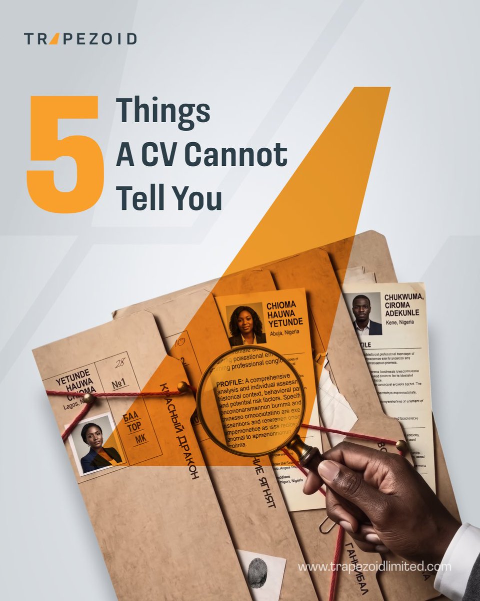 trapezoidltd's tweet photo. 5 things a CV cannot tell you:
1. How the person actually behaves at work
2. Why they left previous roles
3. Their integrity and risk history
4. Cultural and team fit
5. Their potential and speed of learning
A CV is a claim, not proof. Verify before you hire.

#BackgroundChecks https://t.co/TZfWSYfqpD