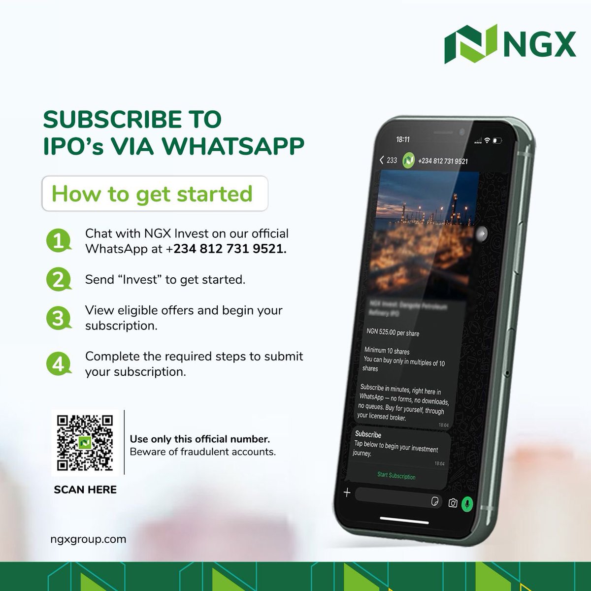 ngxgrp's tweet photo. From your phone to the capital market. Subscribe to available offers via WhatsApp with NGX Invest.
Chat with NGX Invest on +234 812 731 9521 today.
Simple. Fast. Secure
#NGXInvestWhatsapp #NGXInvest #NGXGroup https://t.co/jP3lzurDiA