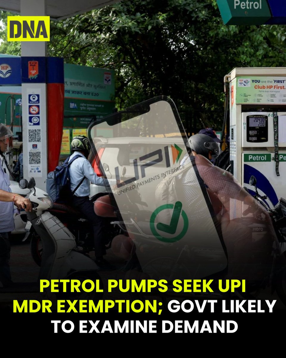 dna's tweet photo. Petrol pumps may be exempt from UPI MDR as the government assesses dealers’ demand ahead of new charges for UPI transactions above Rs 2,000.

Read here:https://t.co/iJM6SlWrgj

#UPI #MDRCharges #PetrolPumps #UPIPayments #DNAUpdates https://t.co/P4nu2Rn6wd
