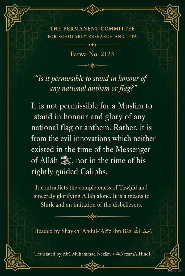 NezamAlHindi's tweet photo. The Lajnah headed by Ibn Bāz also ruled that standing in honour of any flag or anthem is a bidʿah that contradicts tawḥīd.
Fatwa 2123. https://t.co/5Dfu1Ch6Fu