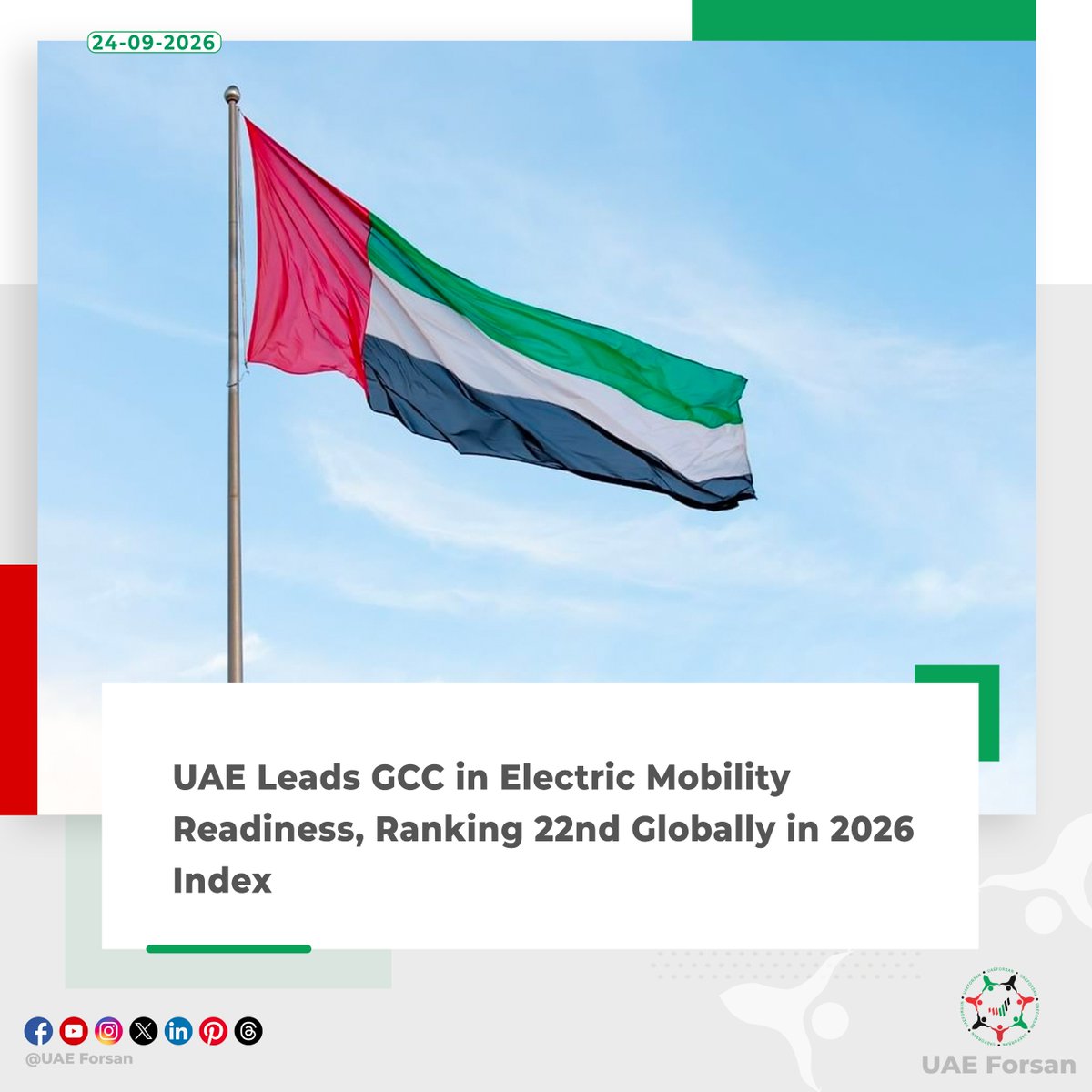 UAE_Forsan's tweet photo. The #UAE has ranked first among GCC markets in electric mobility readiness and 22nd globally with a score of 53, according to Arthur D. Little’s Global Electric Mobility Readiness Index (#GEMRIX) 2026. The report showed that electric vehicles (EVs) accounted for around 9 percent of new vehicle sales in the UAE in 2025, with battery electric vehicles representing approximately 6 to 8 percent and plug-in hybrid electric vehicles about 2.5 percent