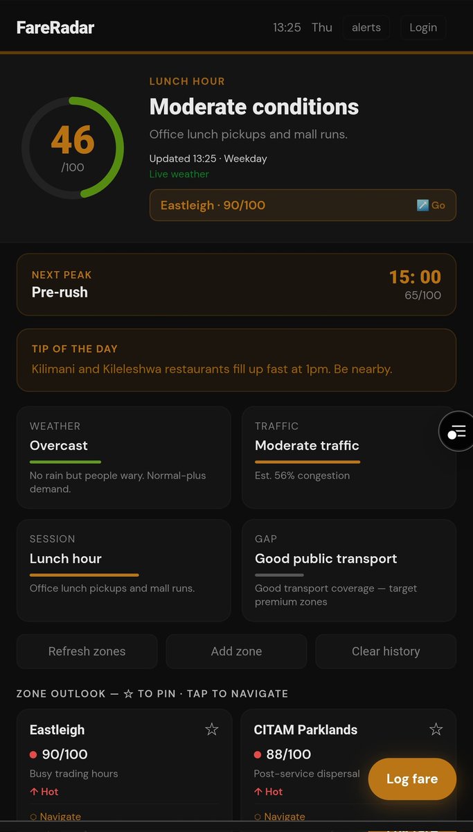 fareradardev's tweet photo. building a service for Nairobi drivers. it uses live weather and traffic for zone scoring
https://t.co/fmVJLtXY4O
any response will be appreciated. thanks https://t.co/xUIYINVuJT