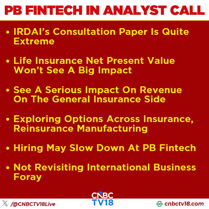 CNBCTV18Live's tweet photo. #NewsFlash | #PBFintech In Analyst Call Says Larger #Agents May Not Find It Lucrative To Sell At Proposed Commission Levels

👉If Distribution Was The Engine, Taking It Out Won’t Make The Car Lighter And Faster

👉Doesn’t Seem Convincing That Agents Get Paid Higher Commissions Than PoSP

👉We Have A Distribution Consultation Paper Without Inputs From Distributors
