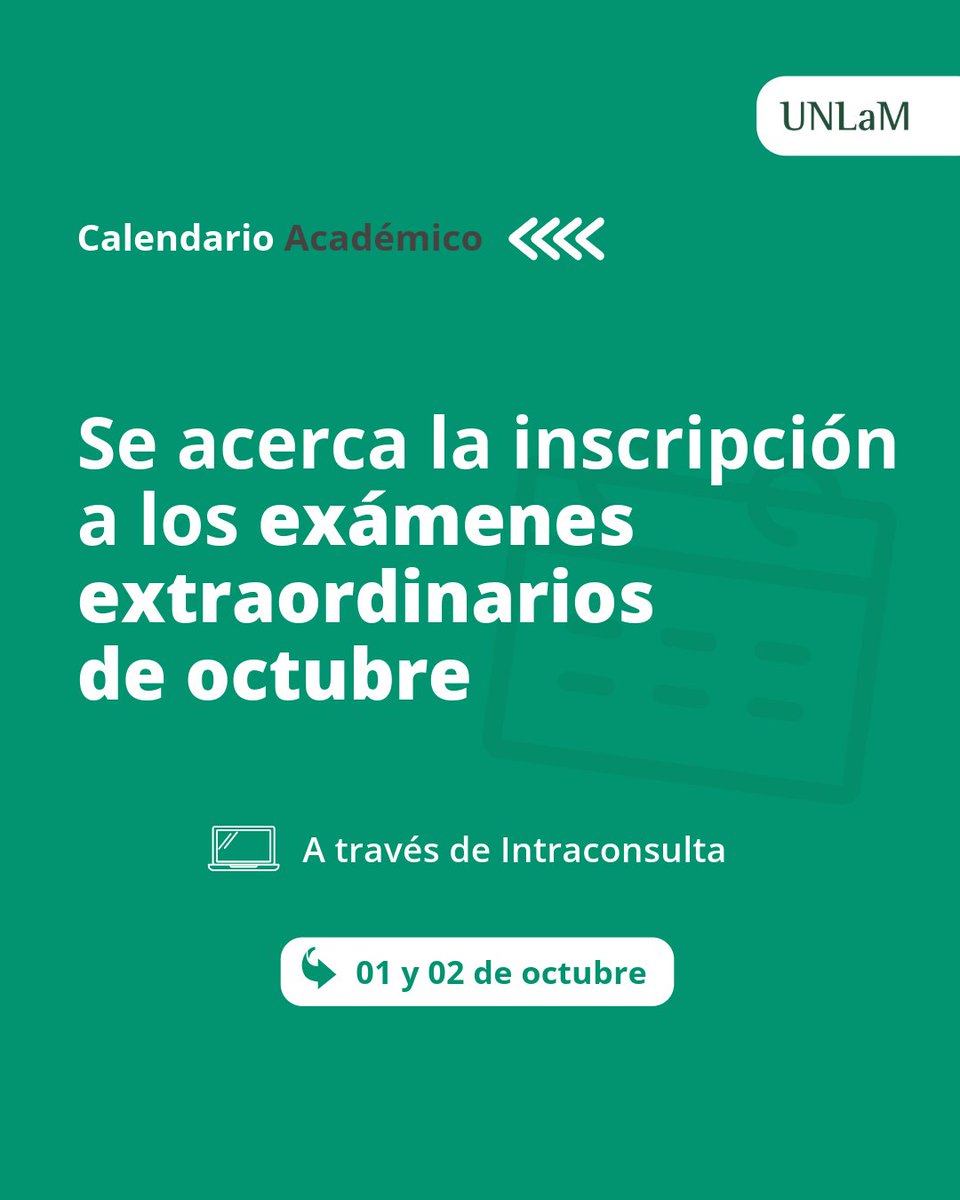 UnlamOficial's tweet photo. 🚨 Se acerca la inscripción a los exámenes finales extraordinarios de octubre 🚨
👉 Anotate en Intraconsulta
📅 Inscripción: 01 y 02 de octubre
⏰ 10 a 18 h
📅 Verificación: 09 de octubre
⏰ 10 a 18 h
📅 Exámenes: 19 al 24 de octubre
¡Muchos éxitos!
#UNLaM #exámenes https://t.co/s47TRH9FtK