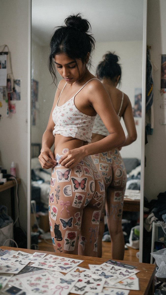 0x_harness's tweet photo. Photorealistic 9:16 portrait of a slim young south Asian woman with messy black hair in a high bun, wearing only a short white floral camisole that exposes her midriff. She stands in a messy single-room apartment in front of a full-length mirror, looking down while applying temporary tattoo stickers across her entire bare lower body. Stickers (butterflies, roses, black cat, moon, ribbons) almost completely cover her hips, thighs and buttocks. Mirror reflection shows her back. Wooden table in foreground covered with unused sticker sheets. Soft indoor lighting, no bottoms.  Imagine