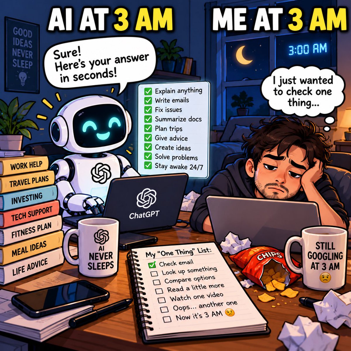 raone9334's tweet photo. AI at 3 AM: “Done. What’s next?” 🤖⚡
Me at 3 AM: “I swear I was only going to check ONE thing…” 😭😂

AI doesn’t need sleep. Apparently, neither do I anymore. 💀

#AI #ArtificialIntelligence #ChatGPT #AIMemes #TechHumor #Memes #Technology #LateNight #TechLife #FutureIsNow https://t.co/T2BBmkBiZR