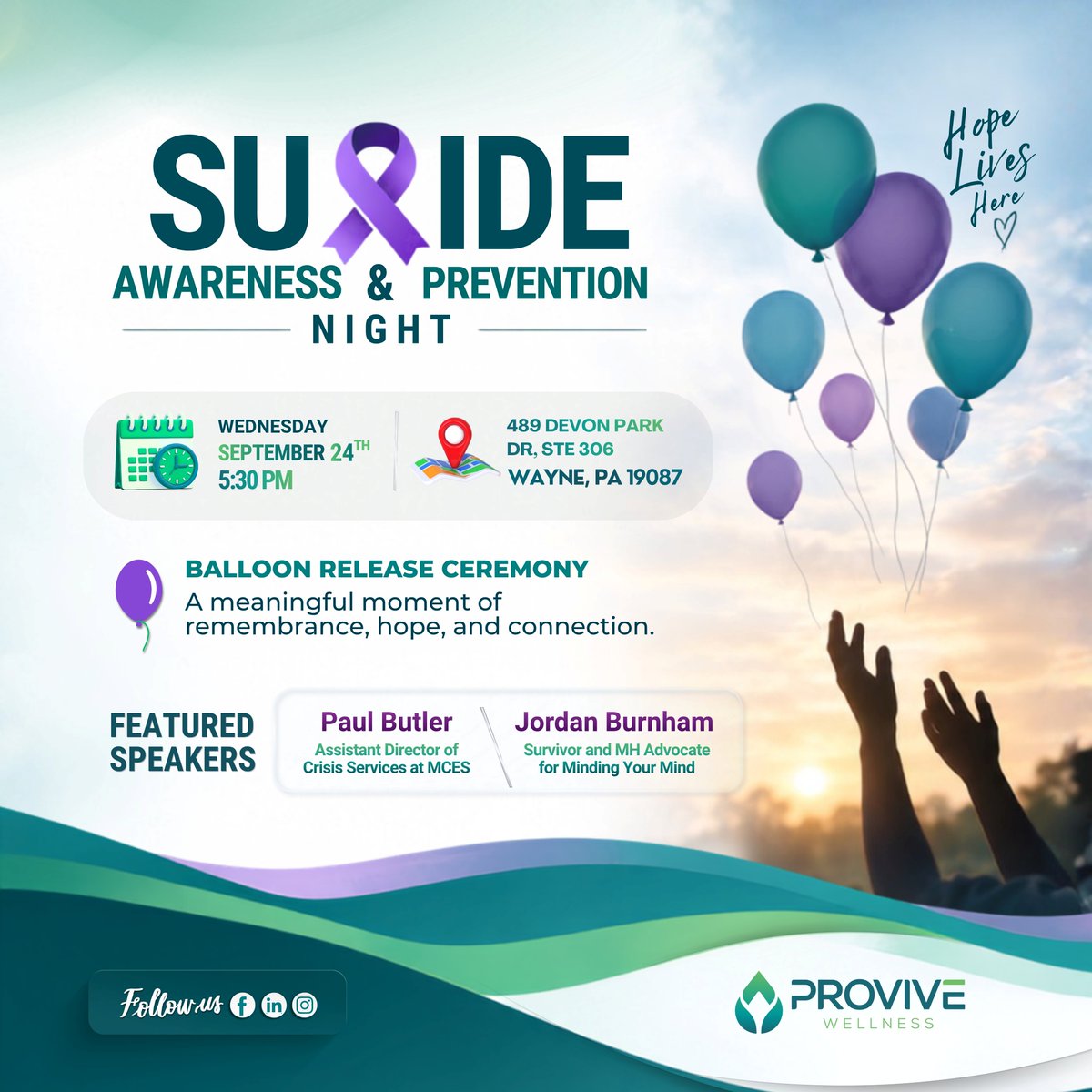 ProviveWellness's tweet photo. Tonight at 5:30 PM 💜🎈
 Suicide Awareness &amp; Prevention Night — Provive Wellness, Wayne, PA

Speakers Paul Butler (MCES) + Jordan Burnham (Minding Your Mind), then our balloon release ceremony.

📍 489 Devon Park Dr, Ste 306

#HopeLivesHere #SuicidePrevention https://t.co/tcsEm8smnW
