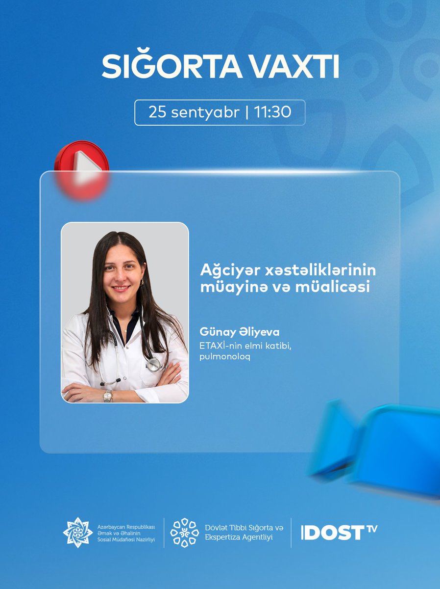 dtseagovaz's tweet photo. 🗓️ 25 sentyabr saat 11:30-da DOST TV-də və Agentliyin Facebook səhifəsində “Sığorta vaxtı”nı izləməyi unutmayın.
ℹ️ “Ağciyər xəstəliklərinin müayinə və müalicəsi” mövzusunda sualları pulmonoloq Günay Əliyeva cavablandıracaq.
#ƏƏSMN #DTSEA #DOSTTV #SığortaVaxtı https://t.co/tEMwRN7sCt