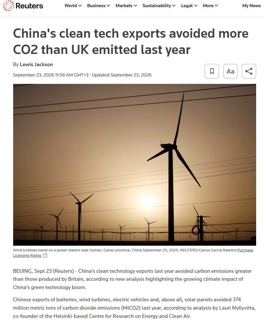 laurimyllyvirta's tweet photo. The solar panels, electric vehicles, EV batteries and wind turbines exported by China in 2025 will avoid annual emissions equal to those of the UK and Portugal combined, according to my new estimates. Avoided emissions increased 30% compared with 2024 exports. https://t.co/gLCDabWPyC