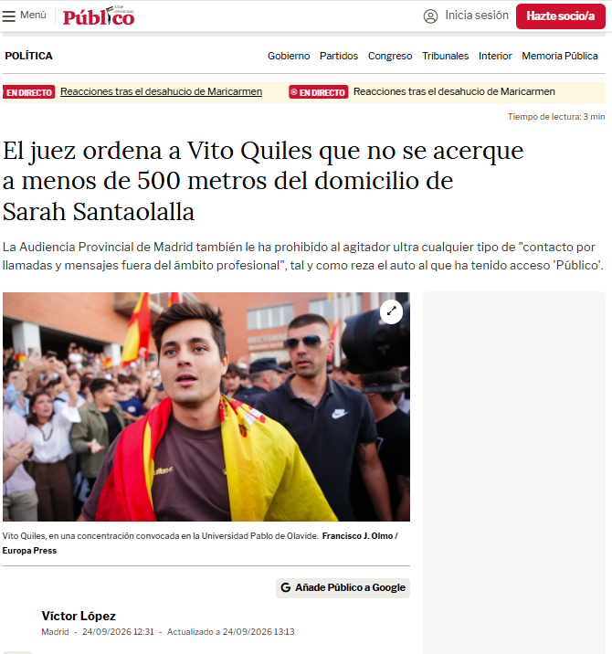 JulianMaciasT's tweet photo. El juez ordena a Vito Quiles que no se acerque a menos de 500 metros del domicilio de Sarah Santaolalla. https://t.co/bGus5JkuHw