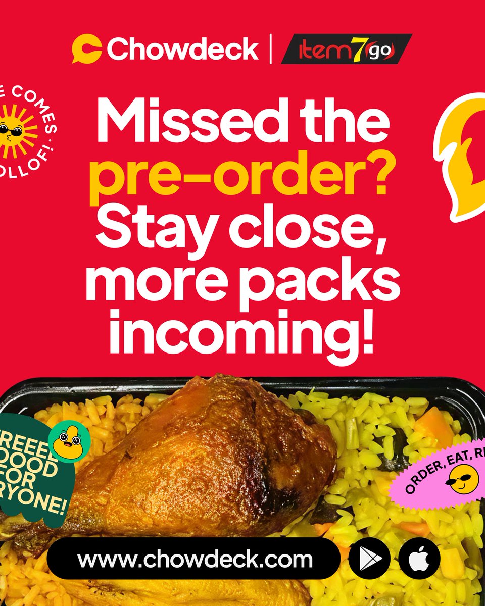 chowdeck's tweet photo. The wait is over, Abuja. Item 7go is here. π₯
You already placed 1,500 pre-orders, so clearly we need to ask:
Can Abuja finish 900 pots today? π
The party rice has officially landed.
Abuja, letβs eat! π
#Empty900Pots #ChowdeckXItem7goAbuja https://t.co/hxhUsmdgwr