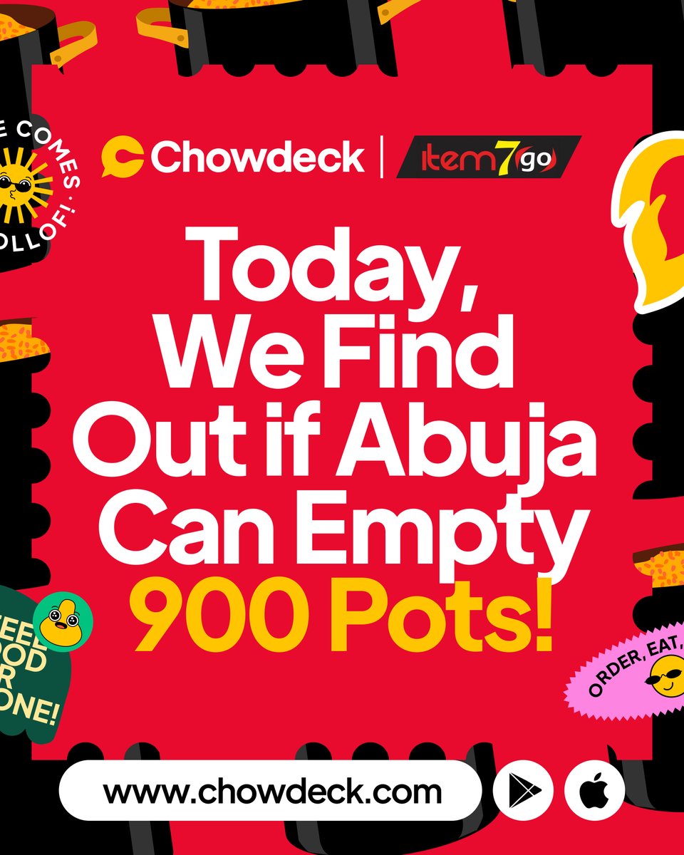 chowdeck's tweet photo. The wait is over, Abuja. Item 7go is here. π₯
You already placed 1,500 pre-orders, so clearly we need to ask:
Can Abuja finish 900 pots today? π
The party rice has officially landed.
Abuja, letβs eat! π
#Empty900Pots #ChowdeckXItem7goAbuja https://t.co/hxhUsmdgwr