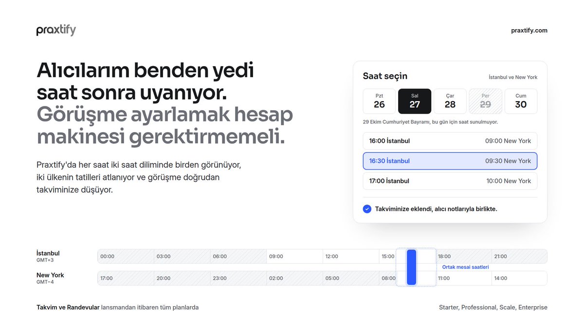 justgunduz's tweet photo. "Sizin orada saat kaç?" sorusunu artık sormuyoruz 

İstanbul'dan New York'a, Berlin'den Dubai'ye: Praxtify'da alıcı saati sohbetten seçiyor, iki tarafın saati yan yana görünüyor, bayramlar ve mesai dışı saatler otomatik atlanıyor. Görüşme de notlarıyla birlikte takviminize ekleniyor.

Takvim ve Randevular, lansmandan itibaren tüm planlarda.