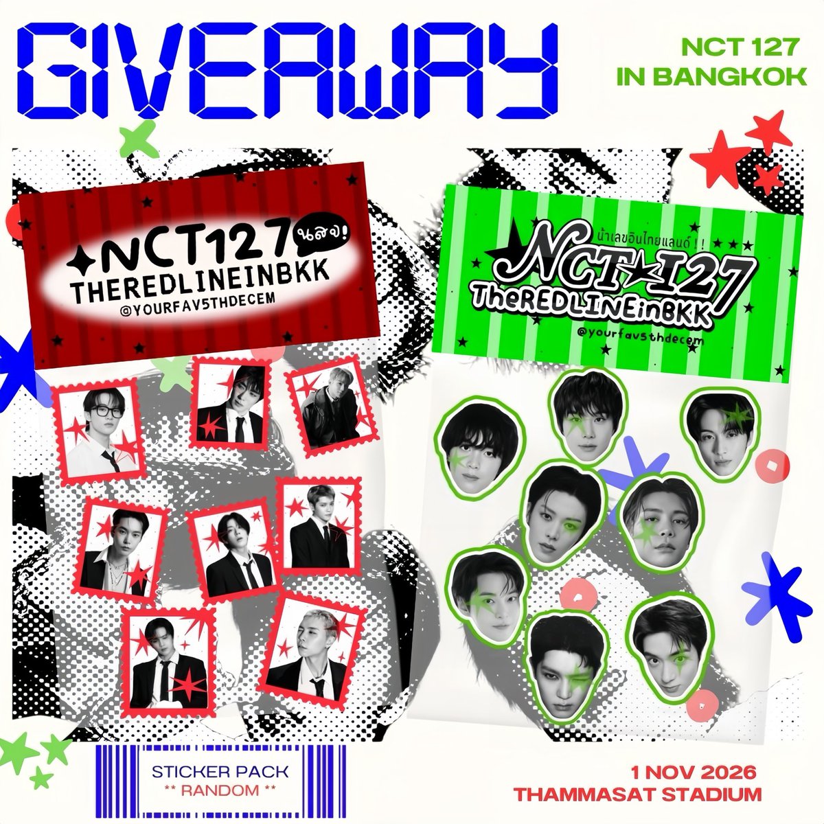 yourfav5thdecem's tweet photo. 🧢💌 pls kindly rt ⸝⸝

⸝⸝Giveaway 🪽 for #THE_REDLINE_BANGKOK ⭐️

♡ 𝑆𝑡𝑖𝑐𝑘𝑒𝑟 𝑝𝑎𝑐𝑘 40 𝑠𝑒𝑡𝑠.
* random ♥️💚🗯️

📅 date : 1 Nov 2026
🏟️ location : thammasat stadium
#NCT127_5TH_NEOCITY_THE_REDLINE #NCT127_5TH_NEOCITY_BANGKOK_THE_RED https://t.co/cnQZP67ksl