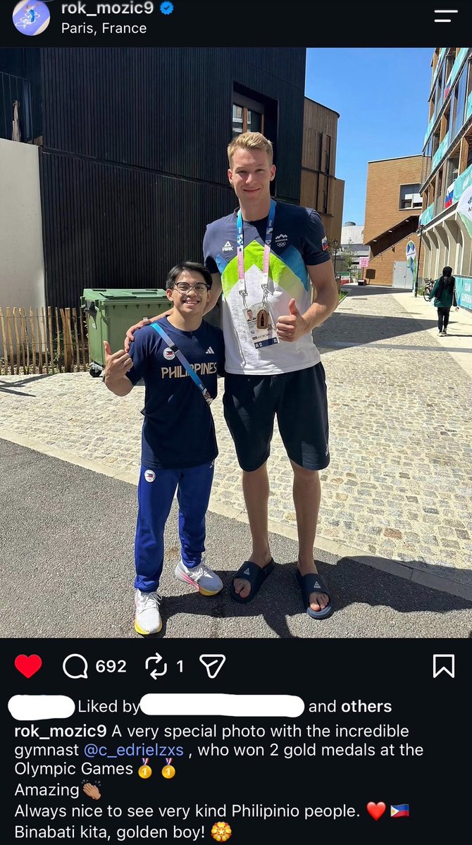 RokMozicDaily's tweet photo. Throwback to that time when Rok posted a photo with Carlos Yulo at the Paris Olympics 

📸IG: rok_mozic9 https://t.co/DyLw6ECnb0