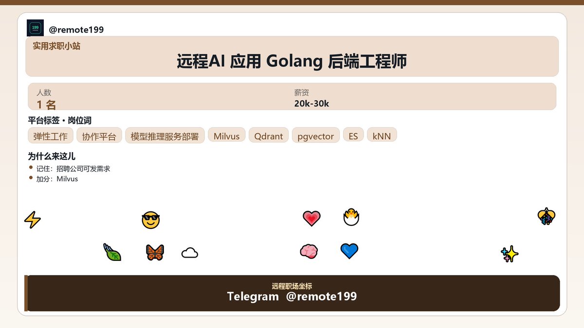 BrotherBobx1's tweet photo. 远程AI 应用 Golang 后端…

像贴一张便签一样，留下这段轻松内容。

关于：远程AI 应用 Golang 后端…

便签要点：
- 主力语言：Golang 为主（精通）
- PHP 能读��改（能维护存量业务、参与迁移）
- 能把模型能力工程化成稳定、可控成本的线上服务
- PHP 侧了解 Laravel ThinkPHP…

✈ @remote199 https://t.co/nnUox1HACI