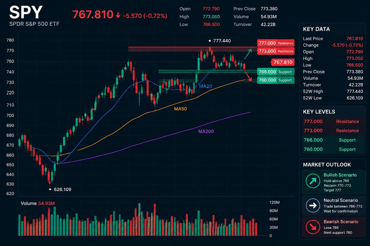 $SPY — First 30 Minutes Matter

Yesterday: 773.05 → 767.81, showing clear profit-taking near the highs.

💰 Capital flow: Buyers are still present, but momentum