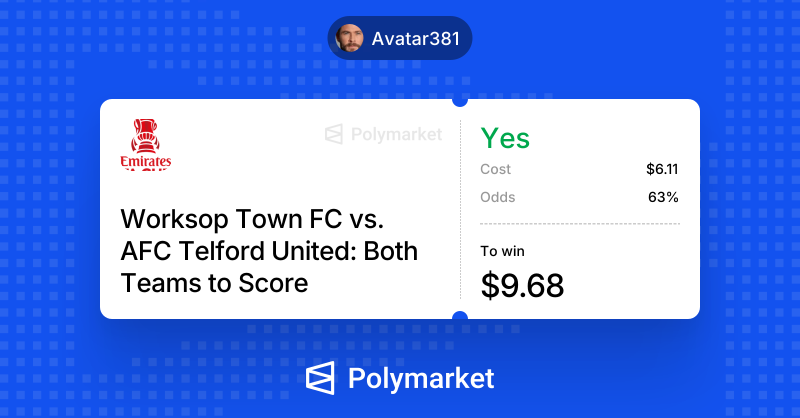 crypto_vatar's tweet photo. Hey fam🙂

My last bet worked out perfectly on @Polymarket

Worksop Town FC 5-2 AFC Telford United✔️

The home team led 2–0 thanks to a brace by Ryan Wiggars, but Telford managed to stage a comeback late in regulation, tying the score (2–2) with goals by Remi Walker and Rio Owen https://t.co/d8ZJpe0BqI