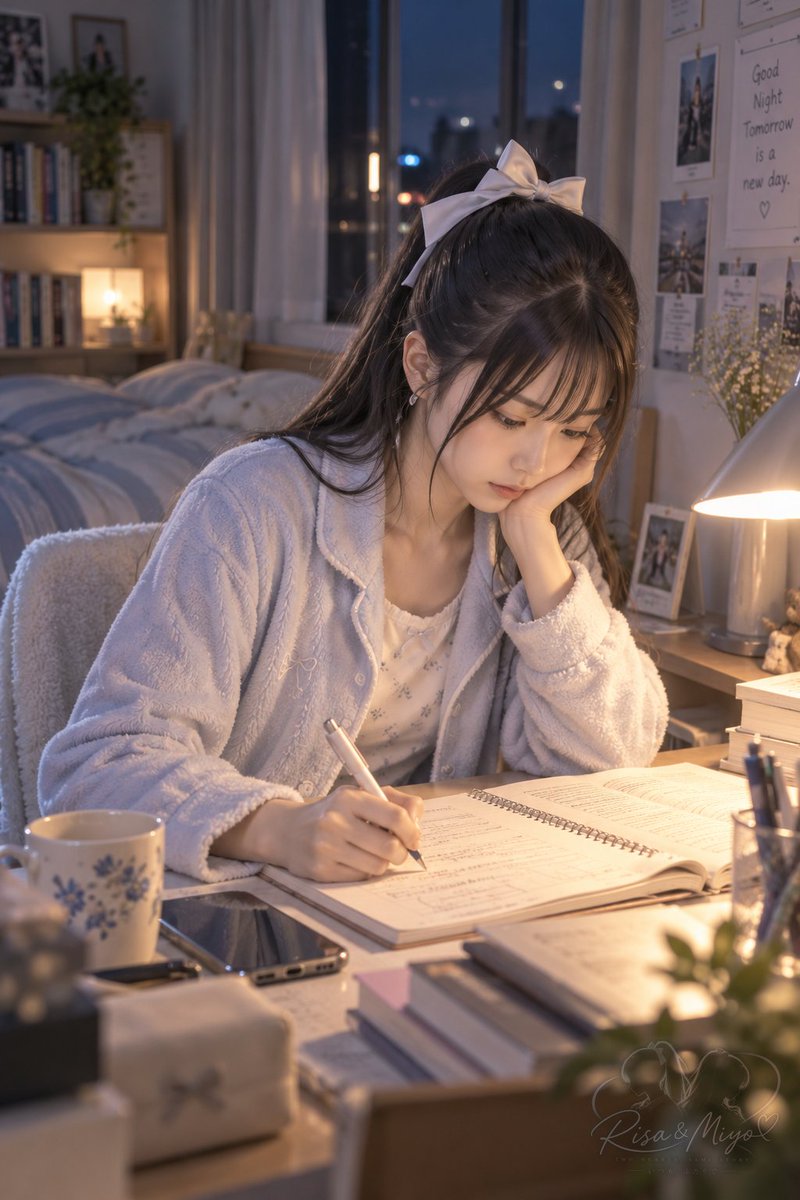 somliaceAI's tweet photo. 夜、寝る前のひと勉強。

「……ここまでやったら、今日は終わりにしよ」

誰に見られているわけでもないけど、
理佐は今日も、自分のペースで少しずつ。
静かな部屋と、デスクライトの明かり。
こういう時間も、きっと理佐らしい日常です。

#AI画像 #AIart #創作キャラ #理佐と美代 https://t.co/TdFgvasMqf