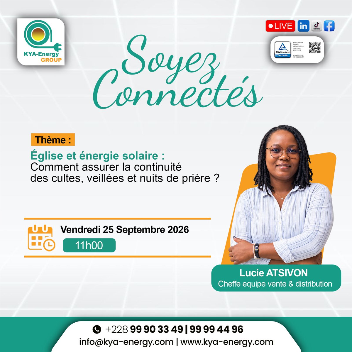 kya_energy's tweet photo. 𝐋𝐈𝐕𝐄 𝐊𝐘𝐀 | 𝐜𝐞 𝐯𝐞𝐧𝐝𝐫𝐞𝐝𝐢 𝟐𝟓 𝐬𝐞𝐩𝐭𝐞𝐦𝐛𝐫𝐞 𝐚̀ 𝟏𝟏𝐡𝟎𝟎

Rejoignez Lucie ATSIVON, pour un échange en direct sur l'énergie solaire au service des églises et lieux de culte.

📍 En direct sur LinkedIn, TikTok et Facebook
Vendredi 25 septembre 2026 · 11h00 https://t.co/uDVBnMhZtE