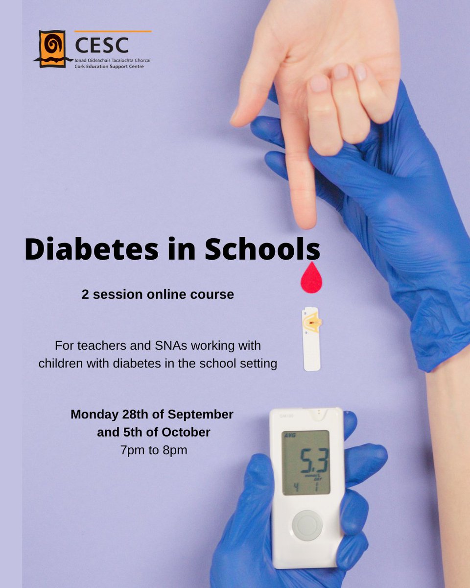 cork_cesc's tweet photo. 🩺 Diabetes in Schools – 2-session CPD webinar for teachers &amp; SNAs

📅 Monday 28th Sept &amp; Mon 5th Oct, 7–8pm
👩‍🏫Presented by Aisling White
Learn how to support students with diabetes — bloods, hypo/hyperglycaemia, insulin pumps, CGMs &amp; more.
🔗https://t.co/M4EoHN5Vh8 https://t.co/JqGcZlsLw7