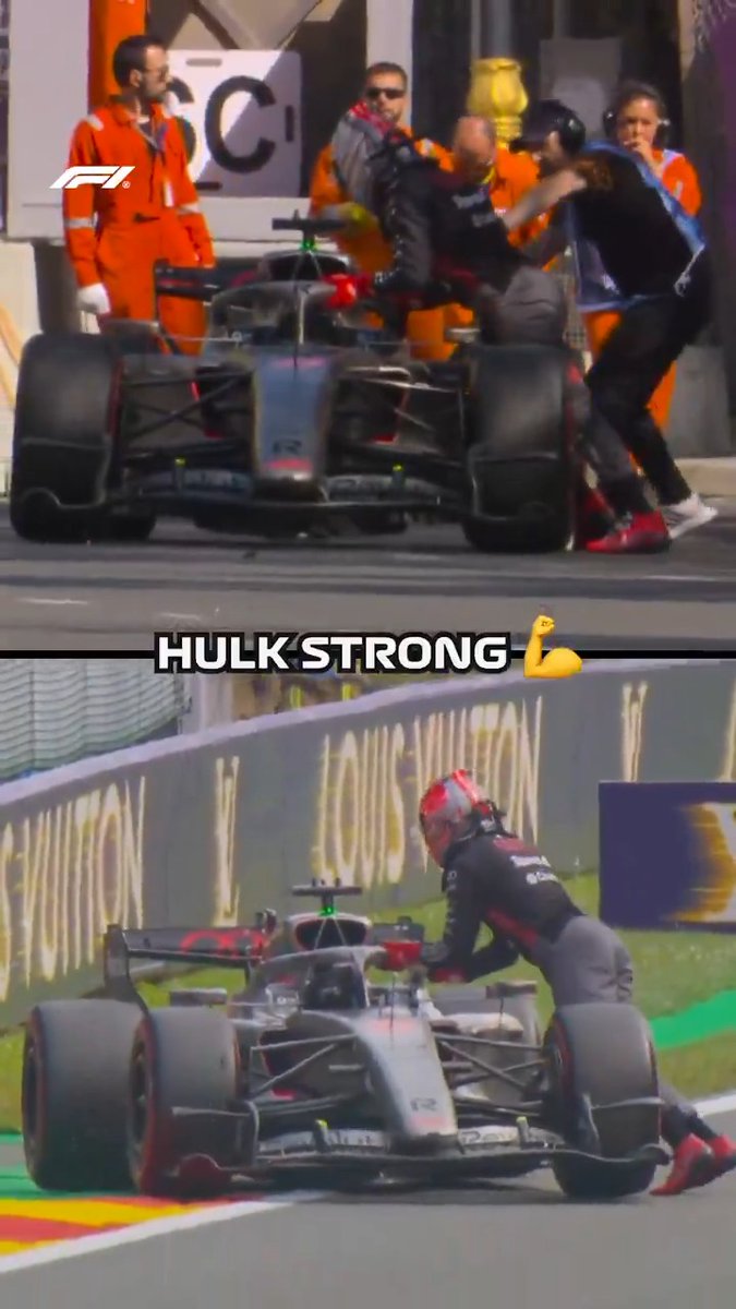 Nico Hülkenberg's F1 car breaks down and requires him to push it back to the pit lane in the middle of the #AzerbaijanGP, showcasing his determination as the meme declares "HULK STRONG 💪."