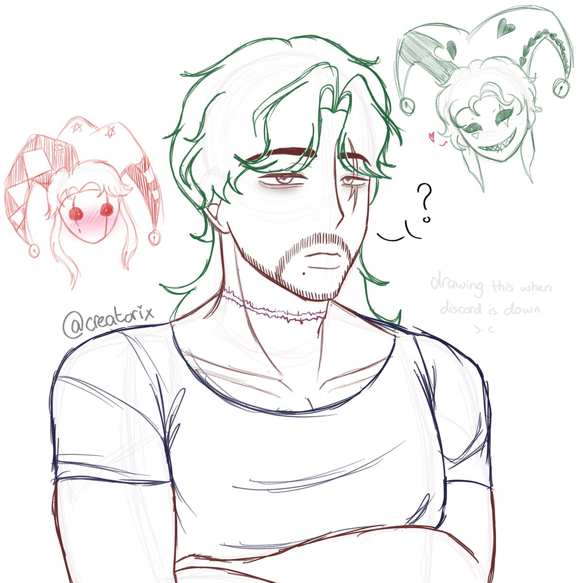 _Creatorix_'s tweet photo. another art dump of tfc (⁠~⁠￣⁠³⁠￣⁠)⁠~

3rd slide is me trying out a more masculine mc 🤞

just some sketches that i wanted to share 🙂‍↔️

#tfcmc #tfcmalemc #thefreakcircus #pierrot #harlequin https://t.co/ZRLe1Oqoty