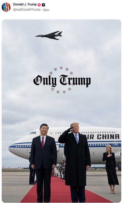GuntherEagleman's tweet photo. Trump posted this BANGER this morning!

ONLY TRUMP!

Bombers overhead. Xi on the carpet. Melania with her hand on her heart. That is American power standing tall while the world watches.

Weak presidents beg. Strong presidents set the terms. Nobody else pulls this off. https://t.co/rUIUq7XBbO